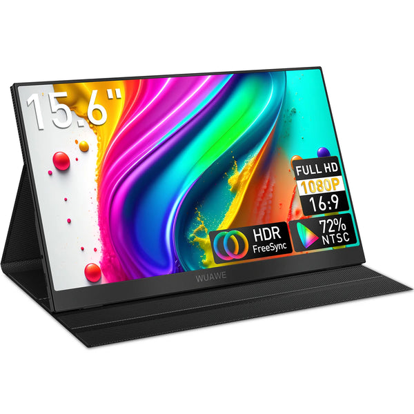 A black portable laptop monitor displaying a vibrant, colorful background with HD and HDR specifications.