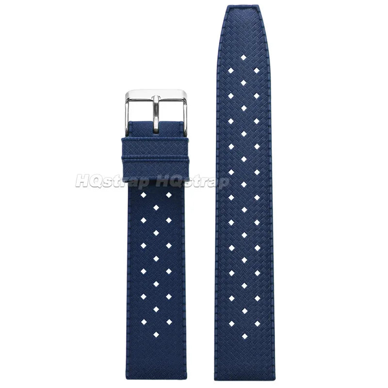 Dark blue perforated silicone watch strap with a metal quick release buckle