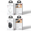 A white wireless mouse is shown in its packaging box with branding and product information.