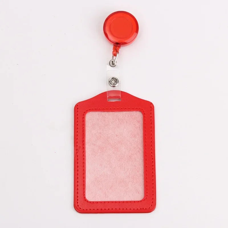 Red PU leather retractable ID card holder with a clear plastic badge case and keyring.