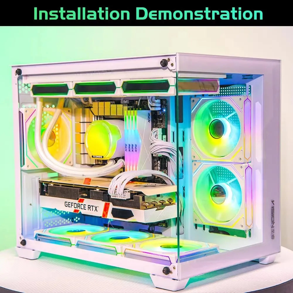 عرض تركيب صندوق حاسوب أبيض مع مكوناته الداخلية وإضاءة RGB.