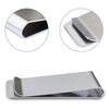 Stainless steel money clip wallet shown in three views, including a close-up of the profile and a full view.
