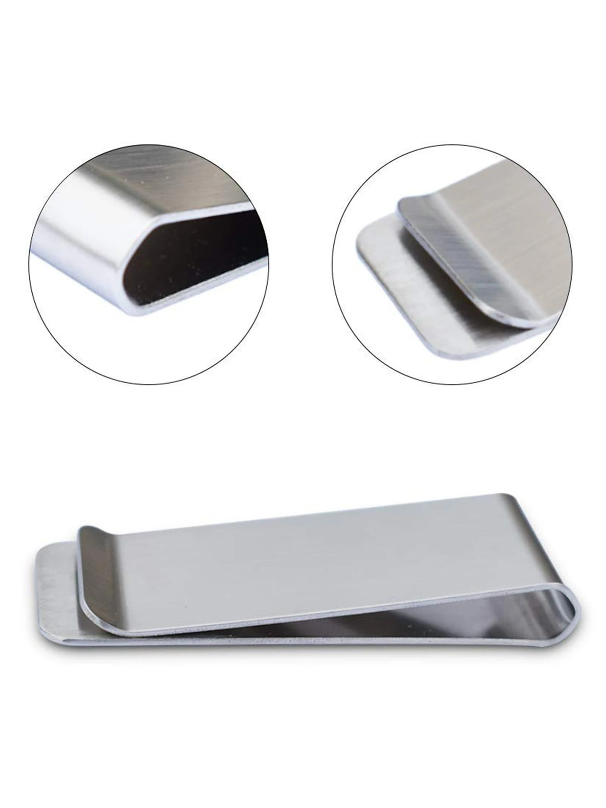 Stainless steel money clip wallet shown in three views, including a close-up of the profile and a full view.