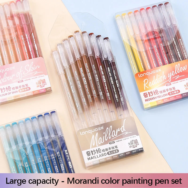 Morandi color painting pen set featuring various shades of red and yellow fine point pens packaged for art and journaling