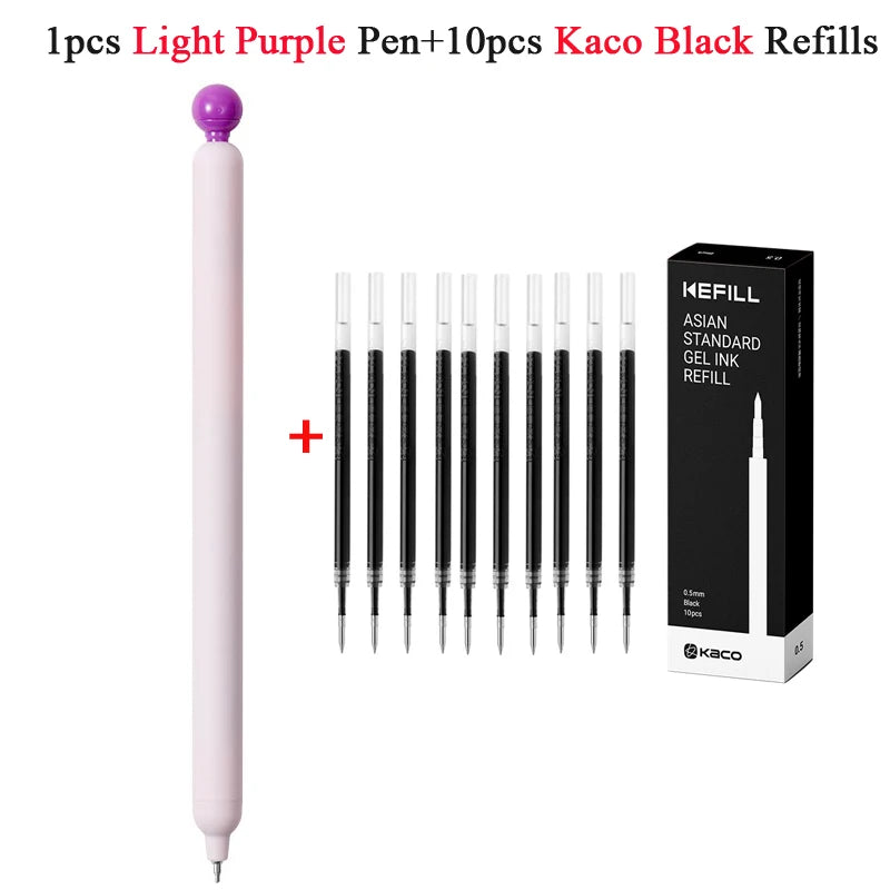 A set of 1 light purple pen and 10 black Kaco gel ink refills for Asian standard pens.