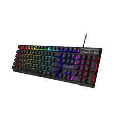 An RGB wired gaming keyboard with 104 keys featuring colorful backlighting and a detachable cable.