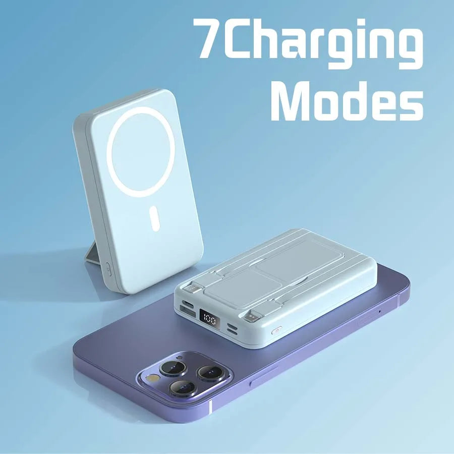 A white portable magnetic wireless power bank is shown resting on a purple charging pad.