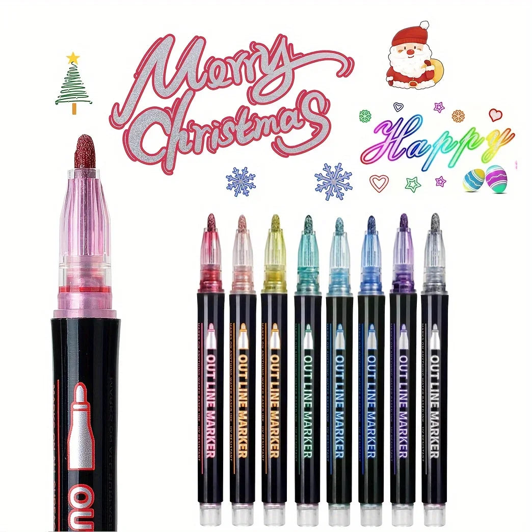 A set of black and pink double line outline markers for drawing and art