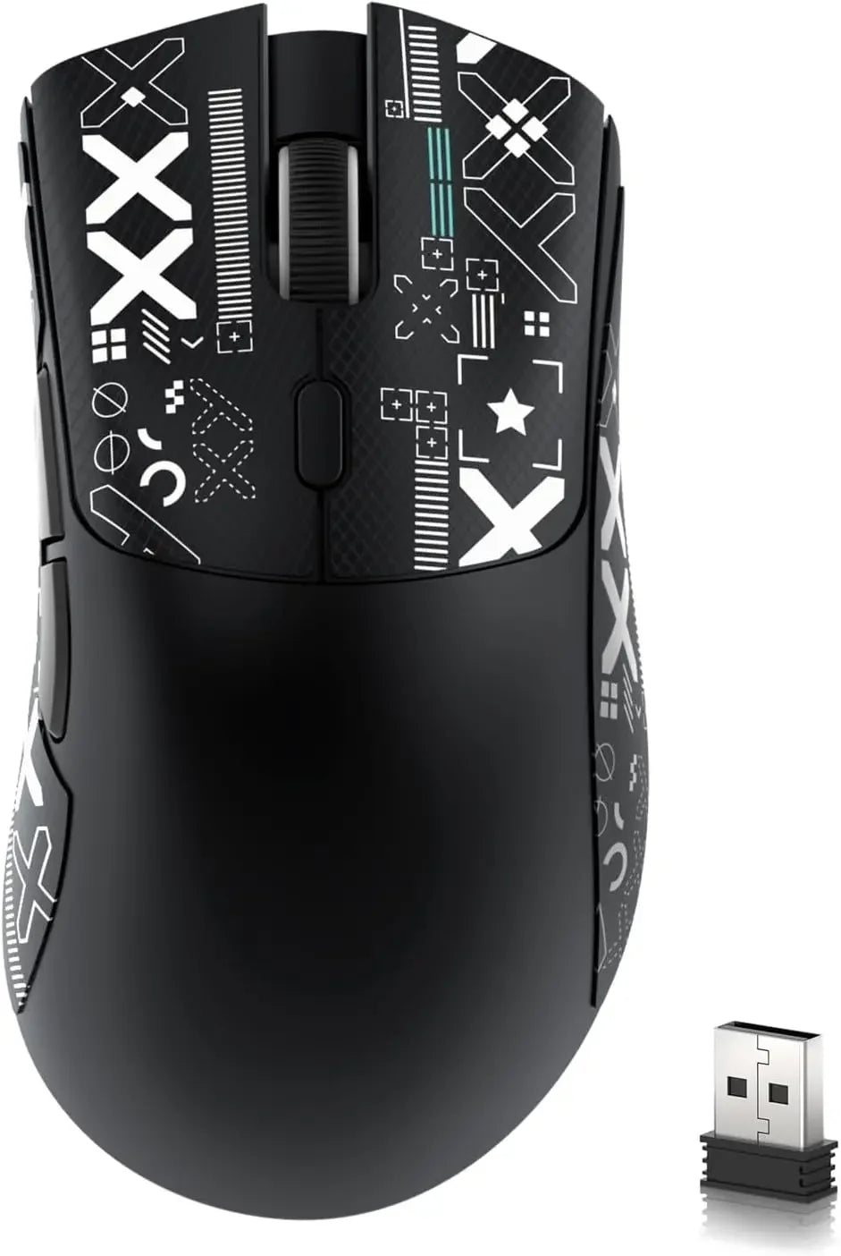 A black high-performance wireless gaming mouse shown from the top view.