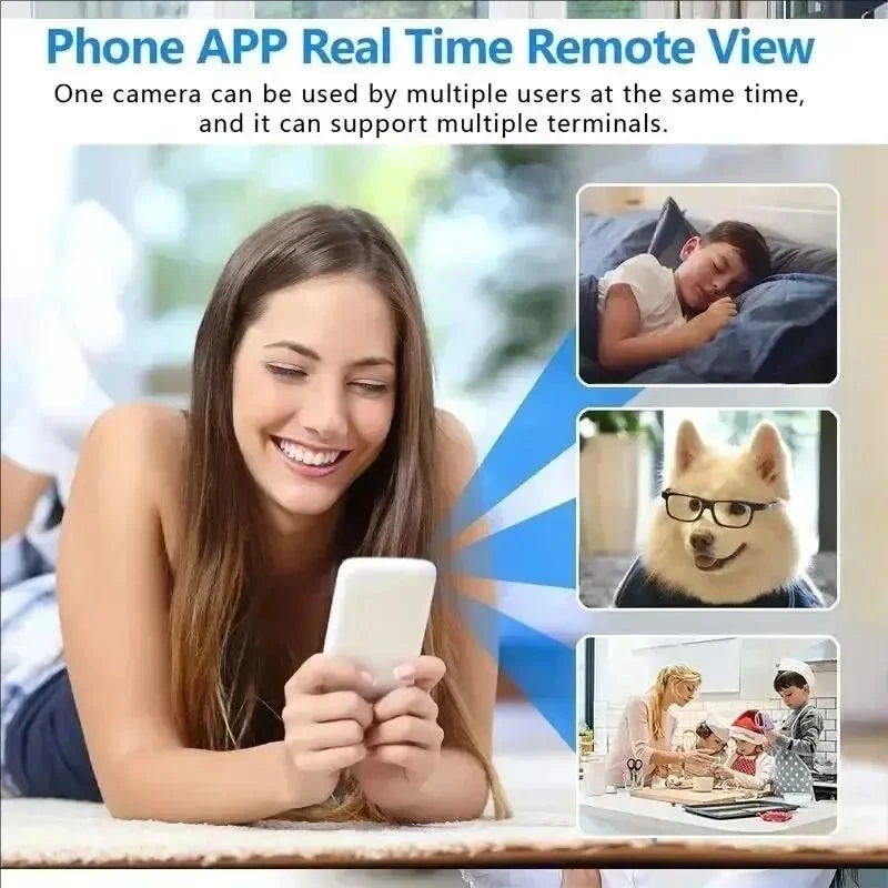 A woman is using a smartphone to view a live remote video feed from a security camera setup.