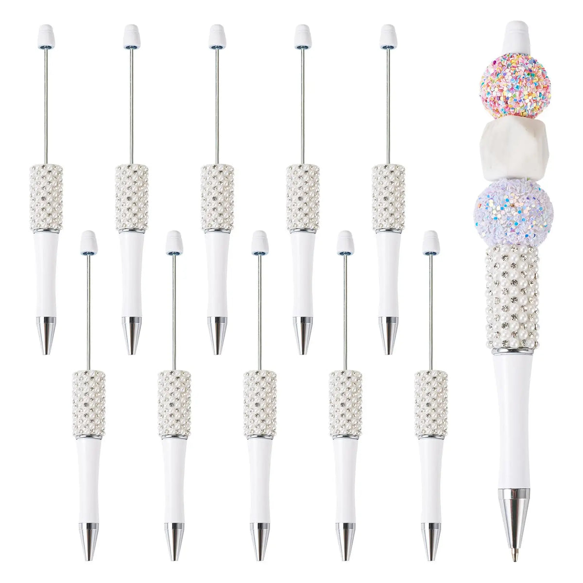 A collection of pearl beaded ballpoint pens shown vertically.