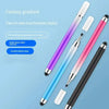 A set of two-in-one touchscreen styluses in various colors, including purple, pink, and blue, shown against a light blue back