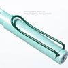 A close-up view of a light mint green fountain pen with a strong metal texture and a green grip ring.