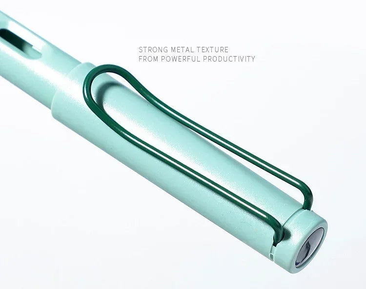 A close-up view of a light mint green fountain pen with a strong metal texture and a green grip ring.