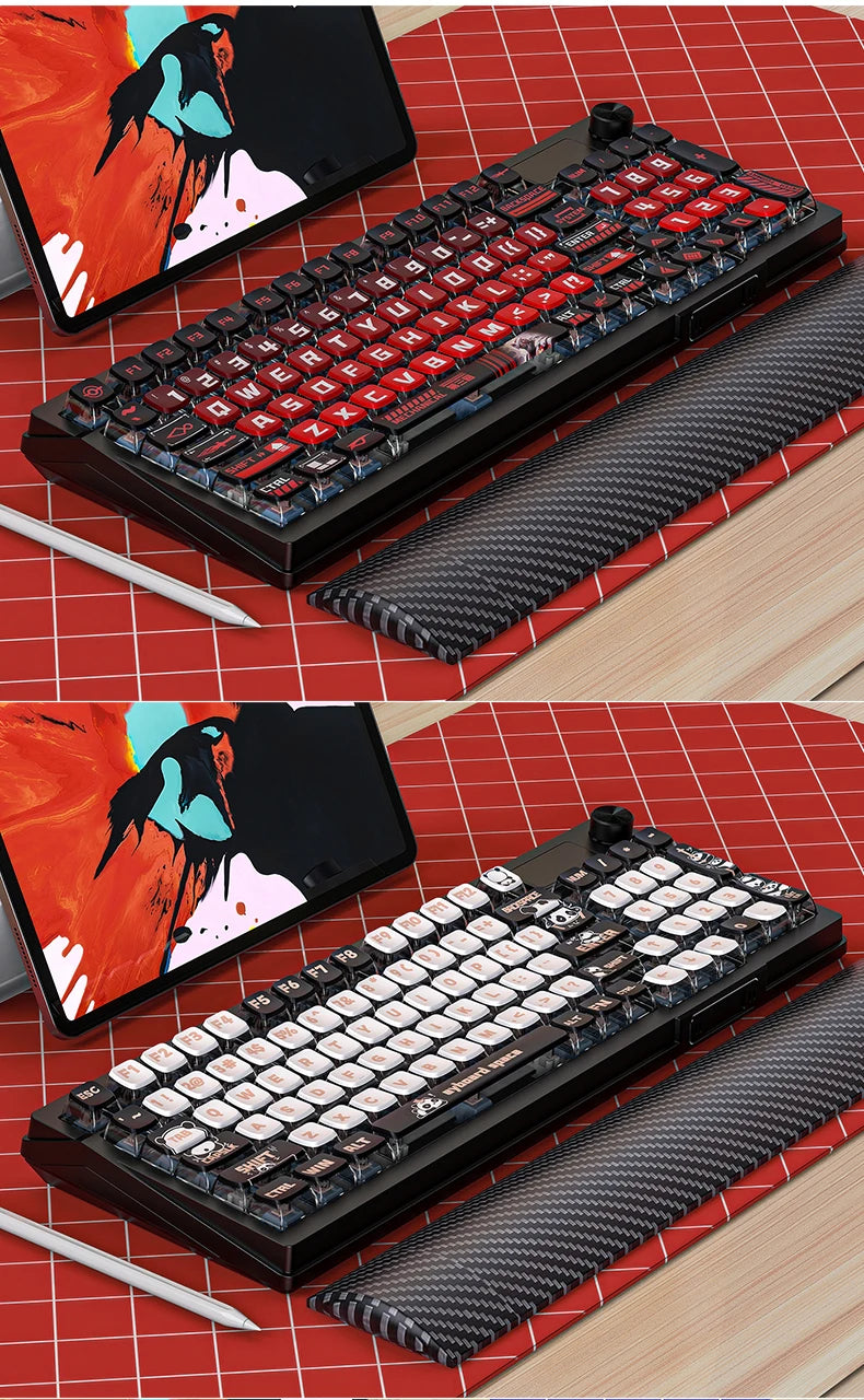 A close-up view of a black mechanical keyboard with red PBT sublimated shark keycaps and a matching keyboard wrist rest on a 