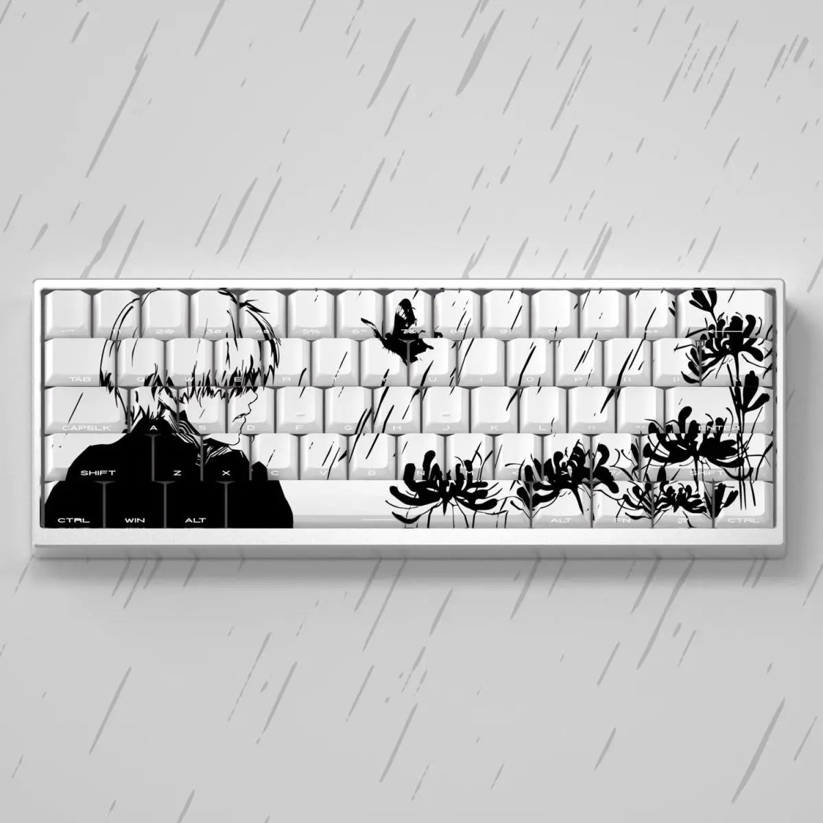 A custom keycap set featuring Kaneki Ken from anime, displayed on a white keyboard.