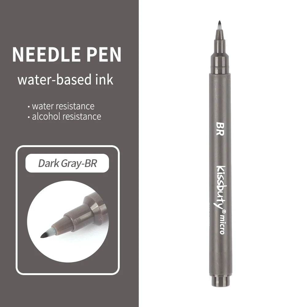 A dark gray needle pen with a black tip and BR water-based ink, shown vertically.