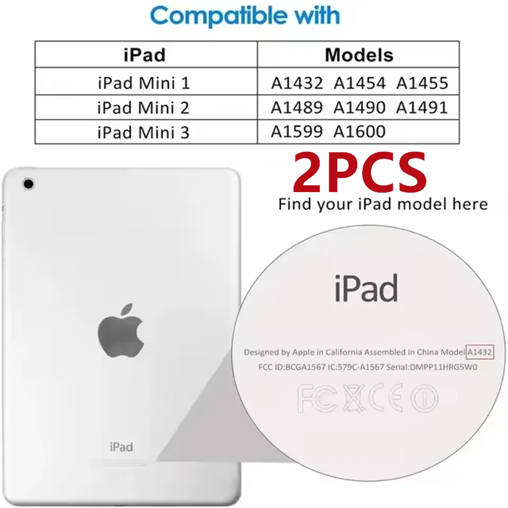 A white iPad with a transparent overlay showing compatibility models and a 2PCS glass screen protector.
