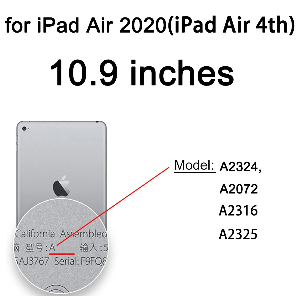 A close-up view of an iPad Air 2020 model showing the model number A2324 and serial number F9FQ8.