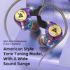 A pair of purple in-ear earphones with gold accents and a flexible wire coiled around them.