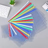 A set of nine transparent plastic document file organizer bags in various colors including red, green, yellow, blue, and whit