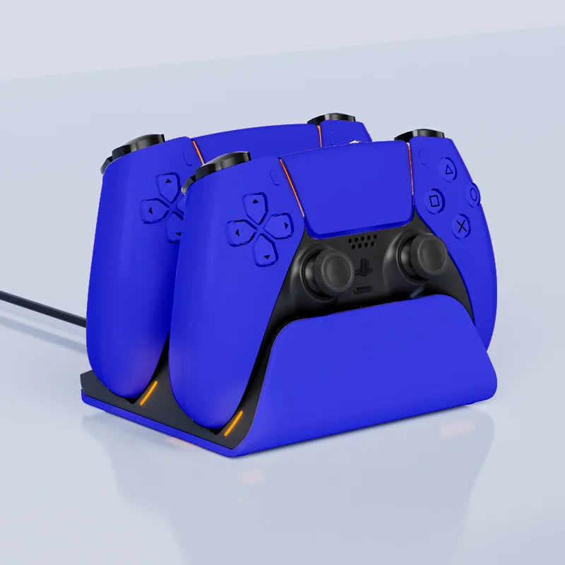 A blue Dual PS5 controller charging station with a fast charging dock shown from above.