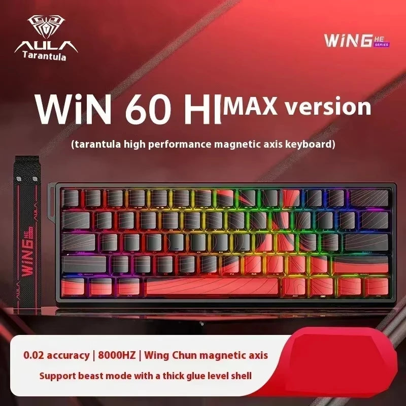 A close-up view of the WIN 60 HiMAX version magnetic axis keyboard featuring a red and black design.