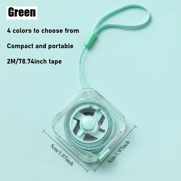A green soft flexible measuring tape with a clip and a spool of tape is shown against a light blue background.