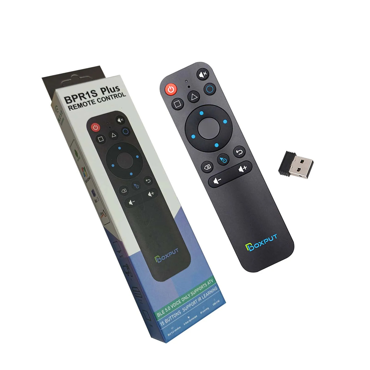 A black wireless gyro air mouse remote control with backlit buttons and a small USB receiver.