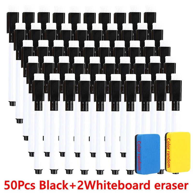 A set of 50 black and two white whiteboard erasers for dry erase markers