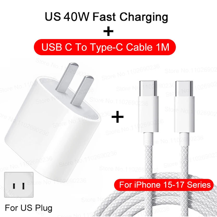 US 40W fast charging cable with a USB C to Type-C connector for iPhone 15-17 series devices.