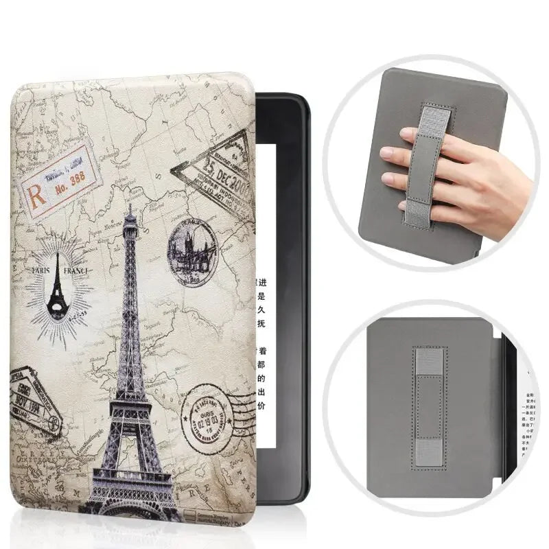 A gray leather case for a Kindle Paperwhite device shown in various angles.