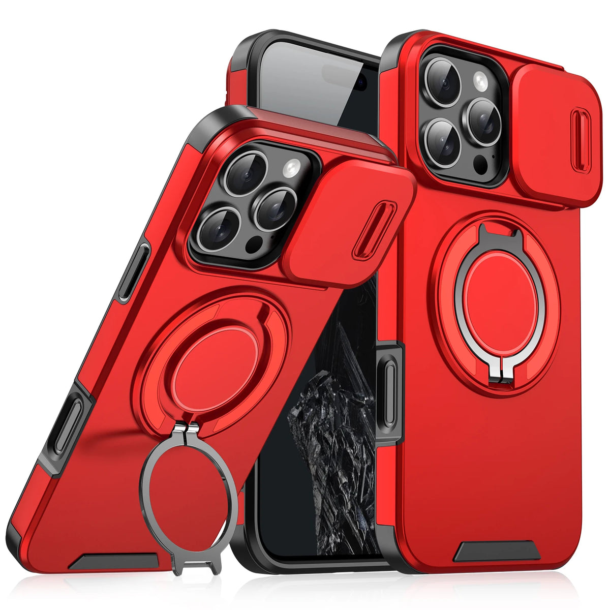 A red heavy-duty magnetic ring stand featuring multiple camera mounts and a protective cover.