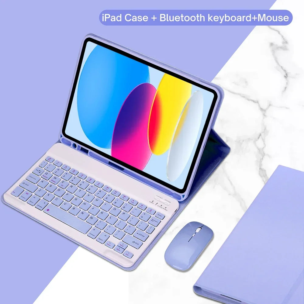 A pink iPad case with a detachable Bluetooth keyboard and mouse shown on a white marble background.