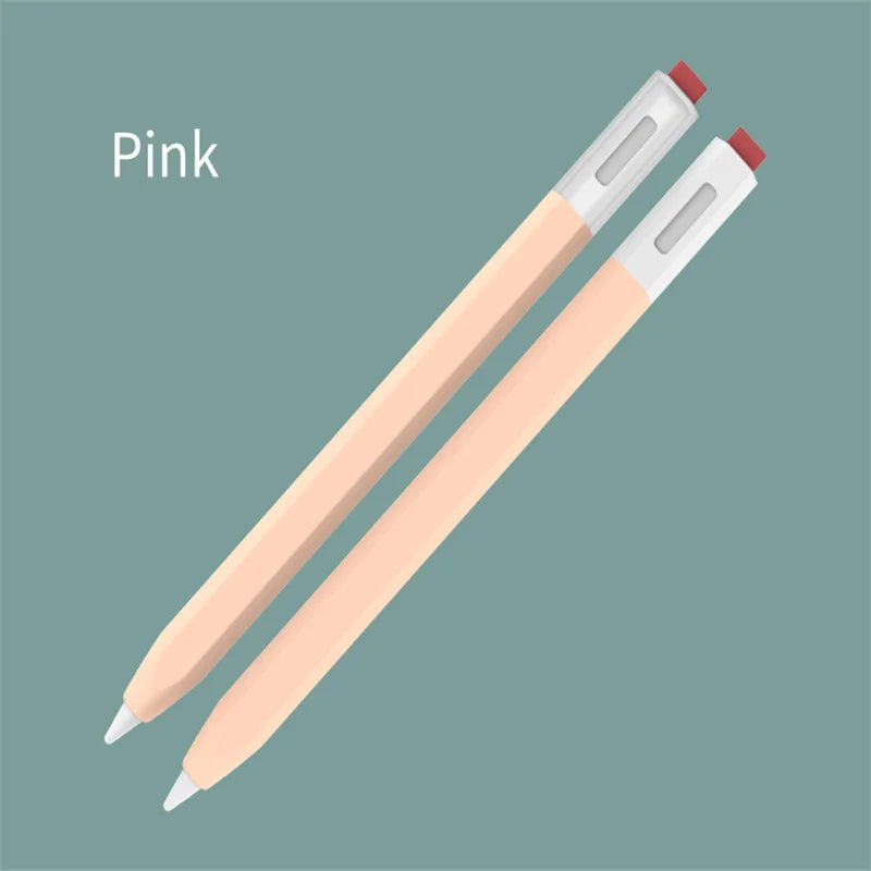 Deux étuis de protection en silicone roses pour stylet, montrés en diagonale sur un fond vert olive.