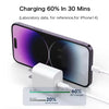 A smartphone is shown being charged with a white PD charger, illustrating a 60% charge in 30 minutes.
