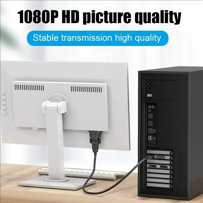 A white DVI to HDMI bi-directional adapter cable is shown connected to a computer monitor and an external device.
