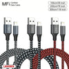 A set of MFi certified data cables in various lengths and colors, including black, gray, and red, for charging devices.