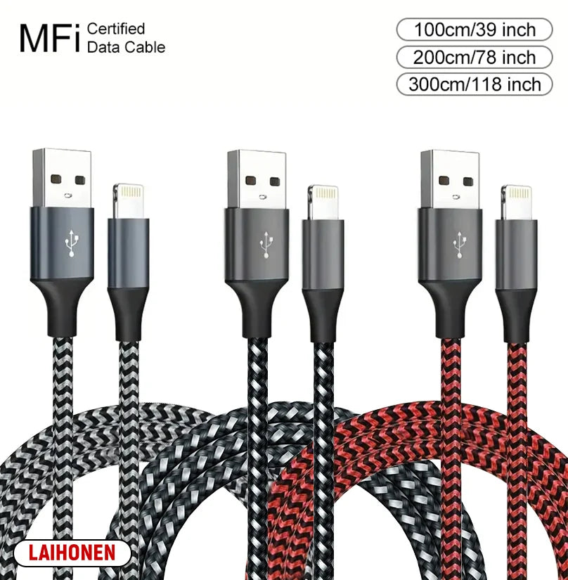 A set of MFi certified data cables in various lengths and colors, including black, gray, and red, for charging devices.