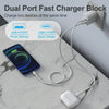 A dual port fast charger block with USB-A and USB-C ports charging a smartphone.