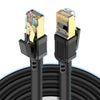 A close-up view of a Cat8 40Gbps Ethernet patch cable connector with a gold housing and black cable jacket.