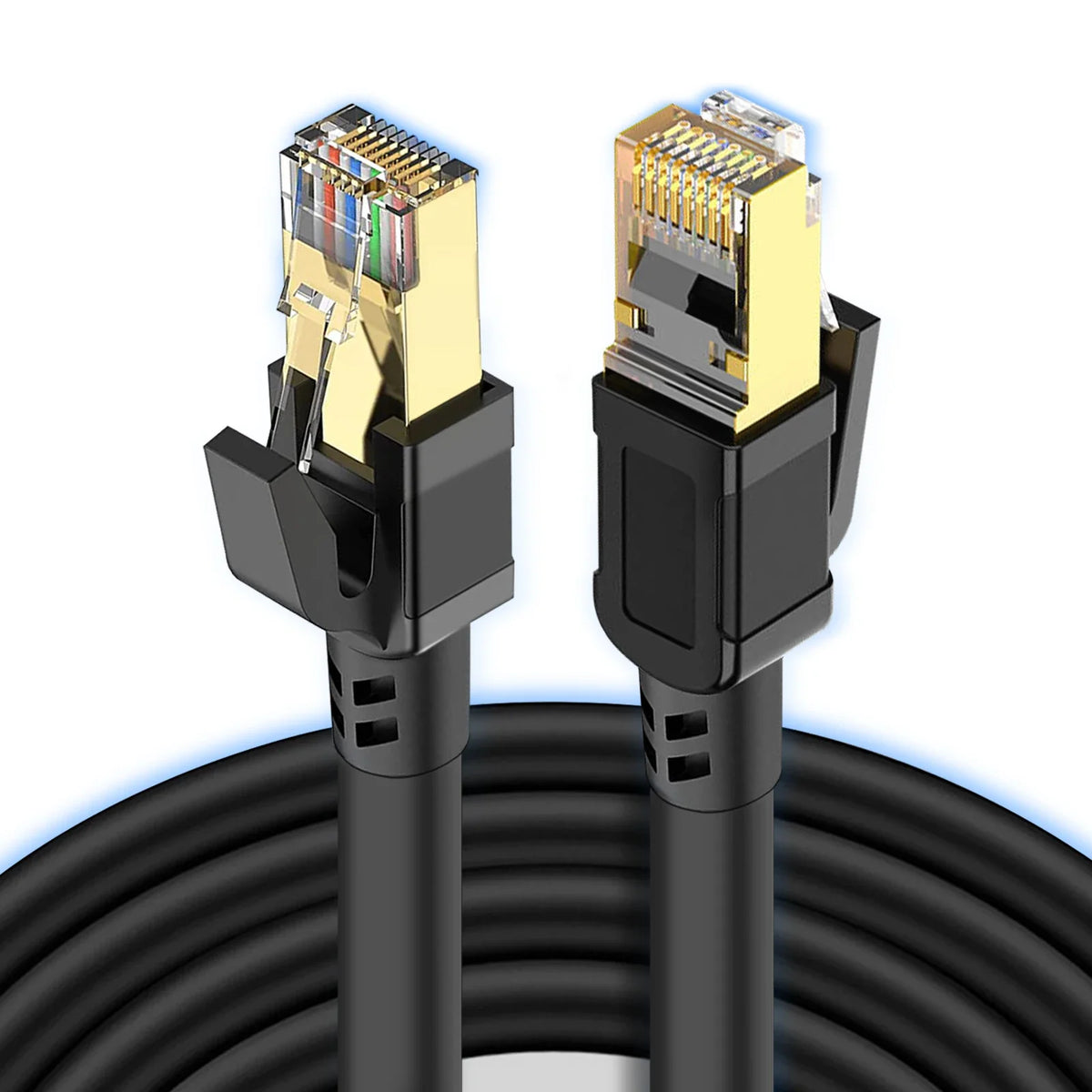 A close-up view of a Cat8 40Gbps Ethernet patch cable connector with a gold housing and black cable jacket.