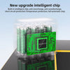 A green intelligent chip inside a clear plastic container with several cylindrical batteries visible.