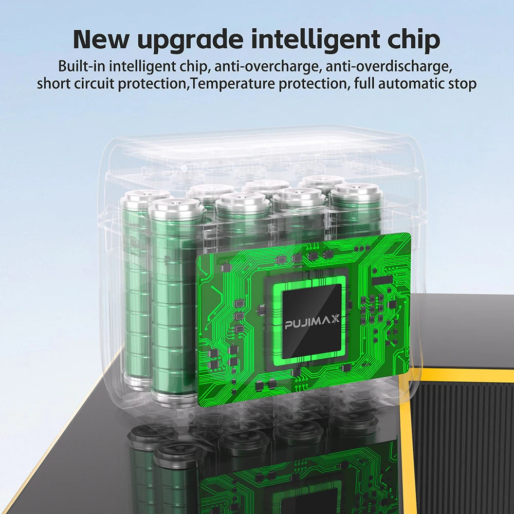 A green intelligent chip inside a clear plastic container with several cylindrical batteries visible.