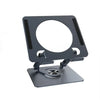 A black foldable tablet and phone stand with a circular opening for viewing.