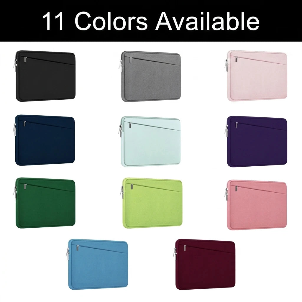 Housses pour ordinateur portable de onze couleurs, y compris noir, gris, rose, bleu, vert et violet.
