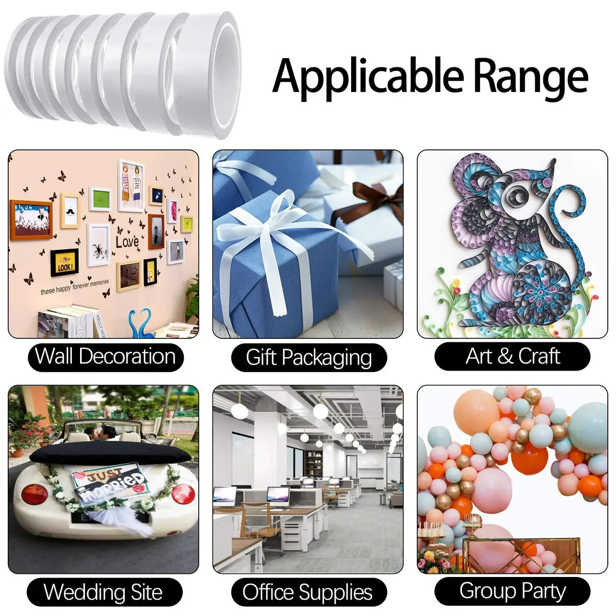 A set of double-sided craft adhesive tape is shown with various applications including gift packaging, wall decoration, weddi