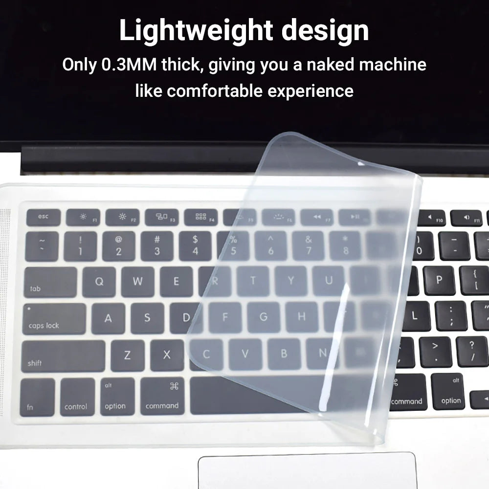 A clear silicone keyboard cover is placed on a laptop keyboard, highlighting its lightweight design.