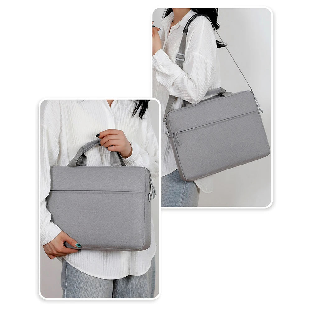 A woman is shown carrying a gray premium laptop sleeve for notebooks on her shoulder.