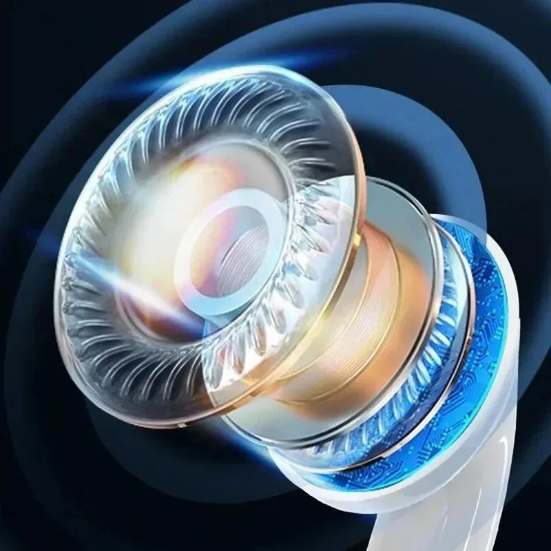 Close-up view of a white True Wireless Earbuds with Active Noise Cancellation featuring clear and blue accents.